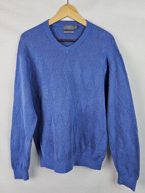 Talbots Mens Sweater Size Medium Blue Argyle Mercerized Pima Cotton Knit Top